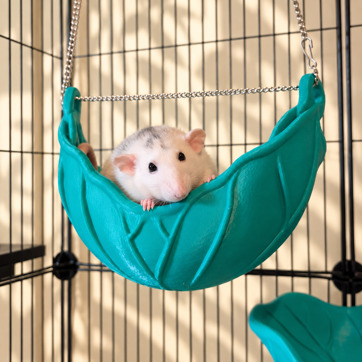 White and grey rat resting its paws on the edge of the teal-green hanging leaf hammock.