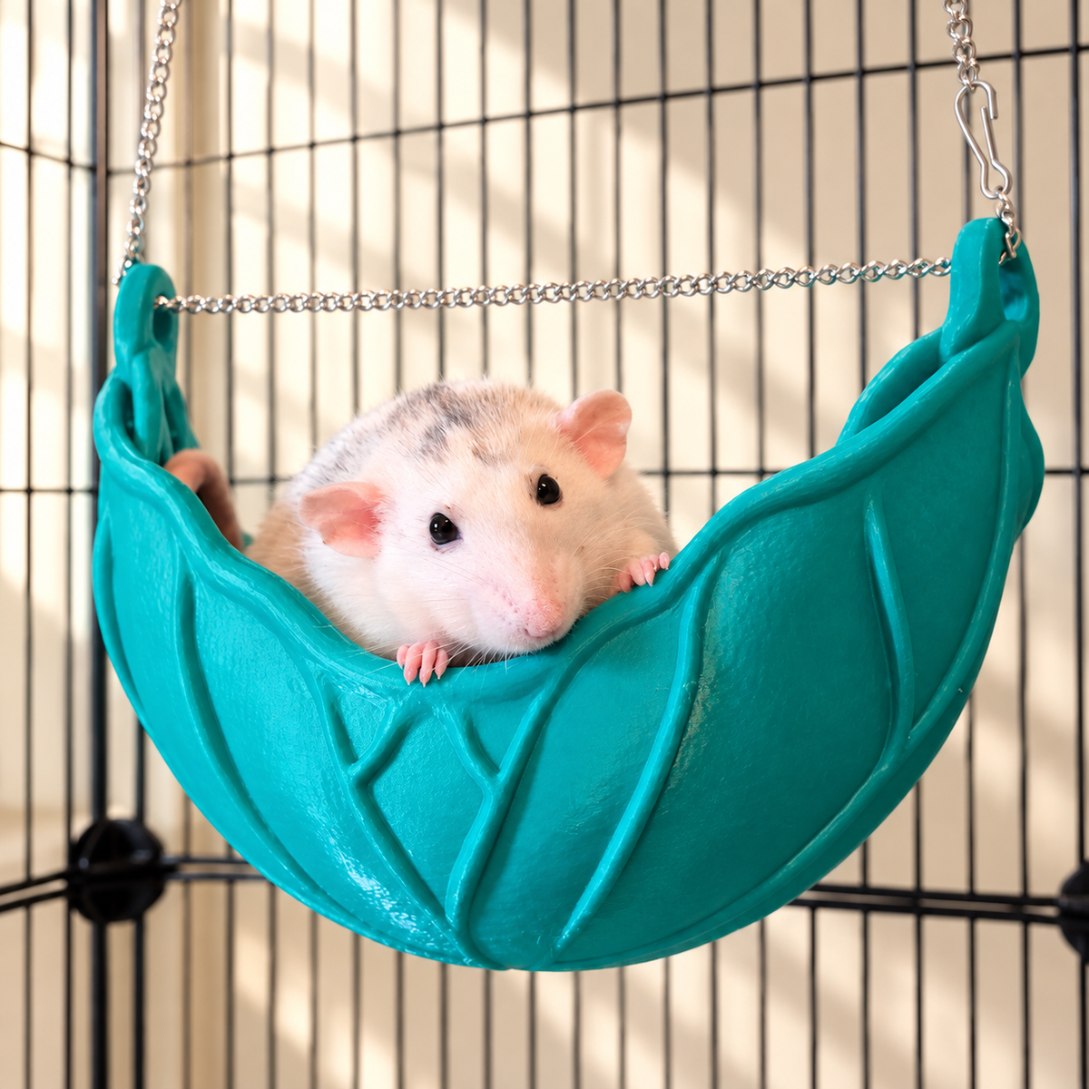 A cream rat peeks over the green leaf hammock edge with its paws resting on the rim.