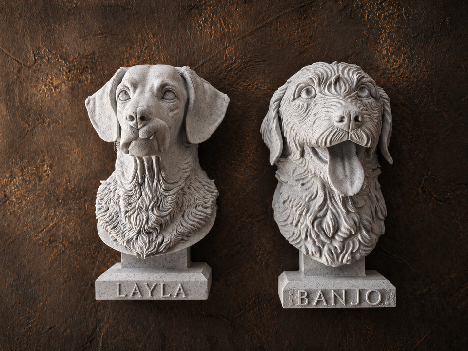 Two personalised dog memorial wall sculptures with engraved name bases