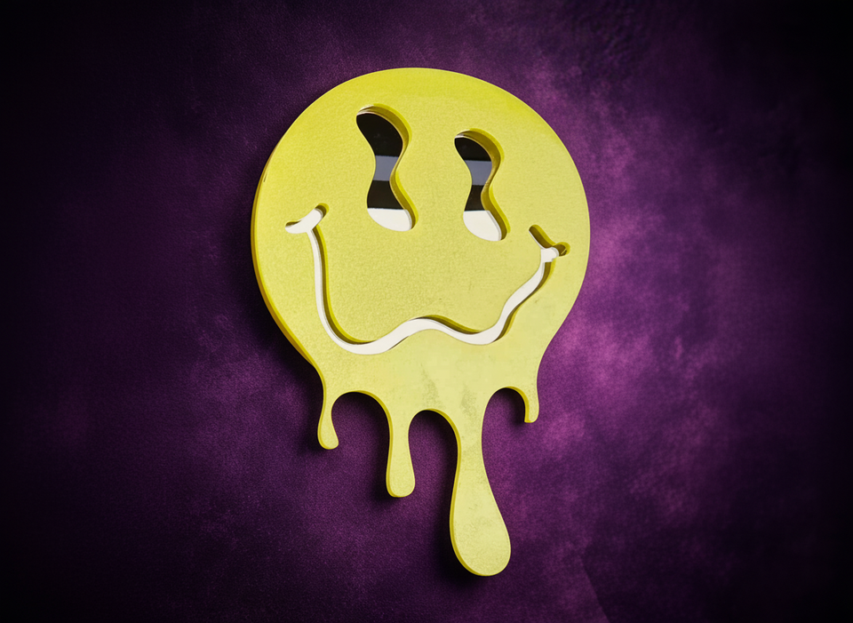 Neon yellow melting face mirror on dark purple background