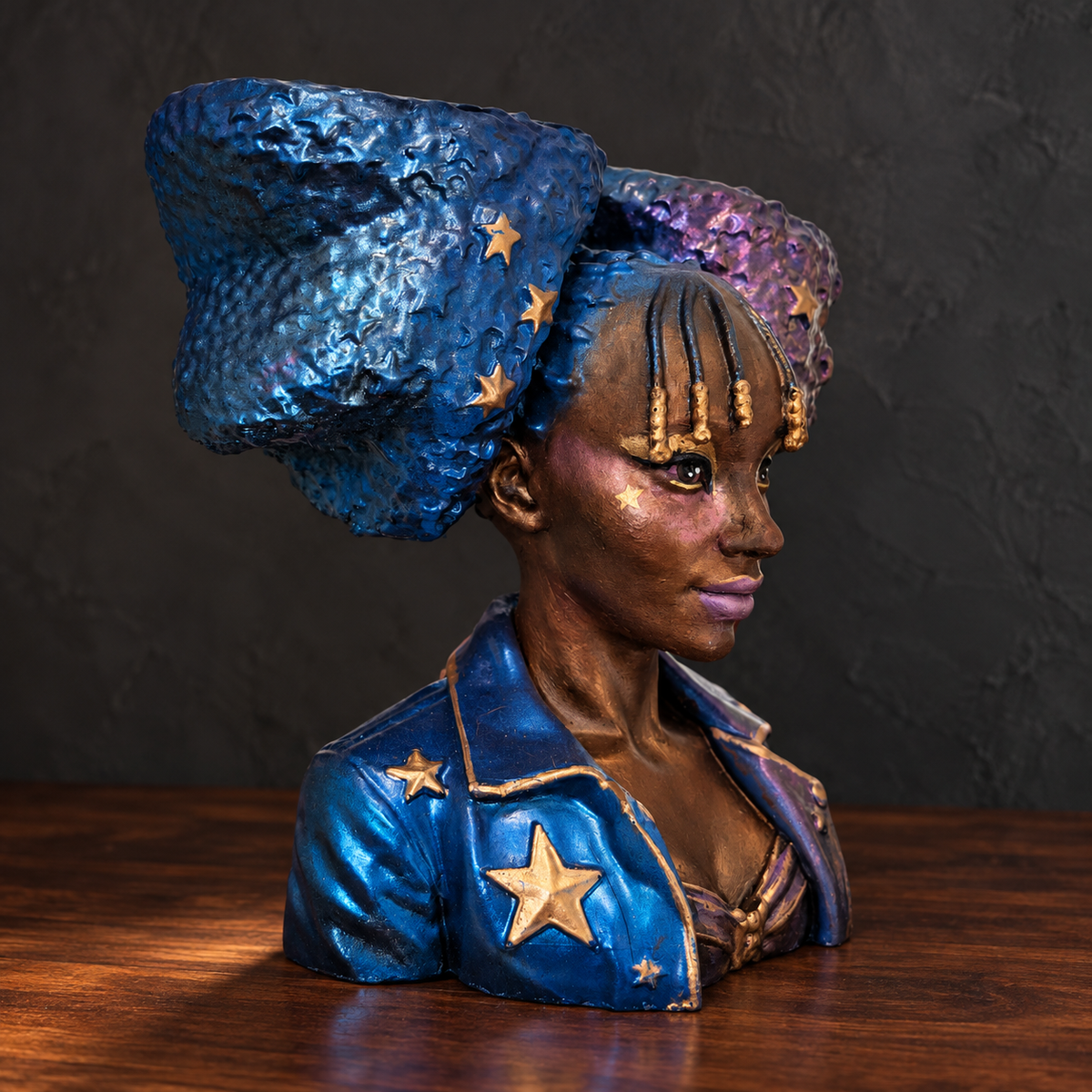 Star Afro Head Planter, blue side three-quarter.
