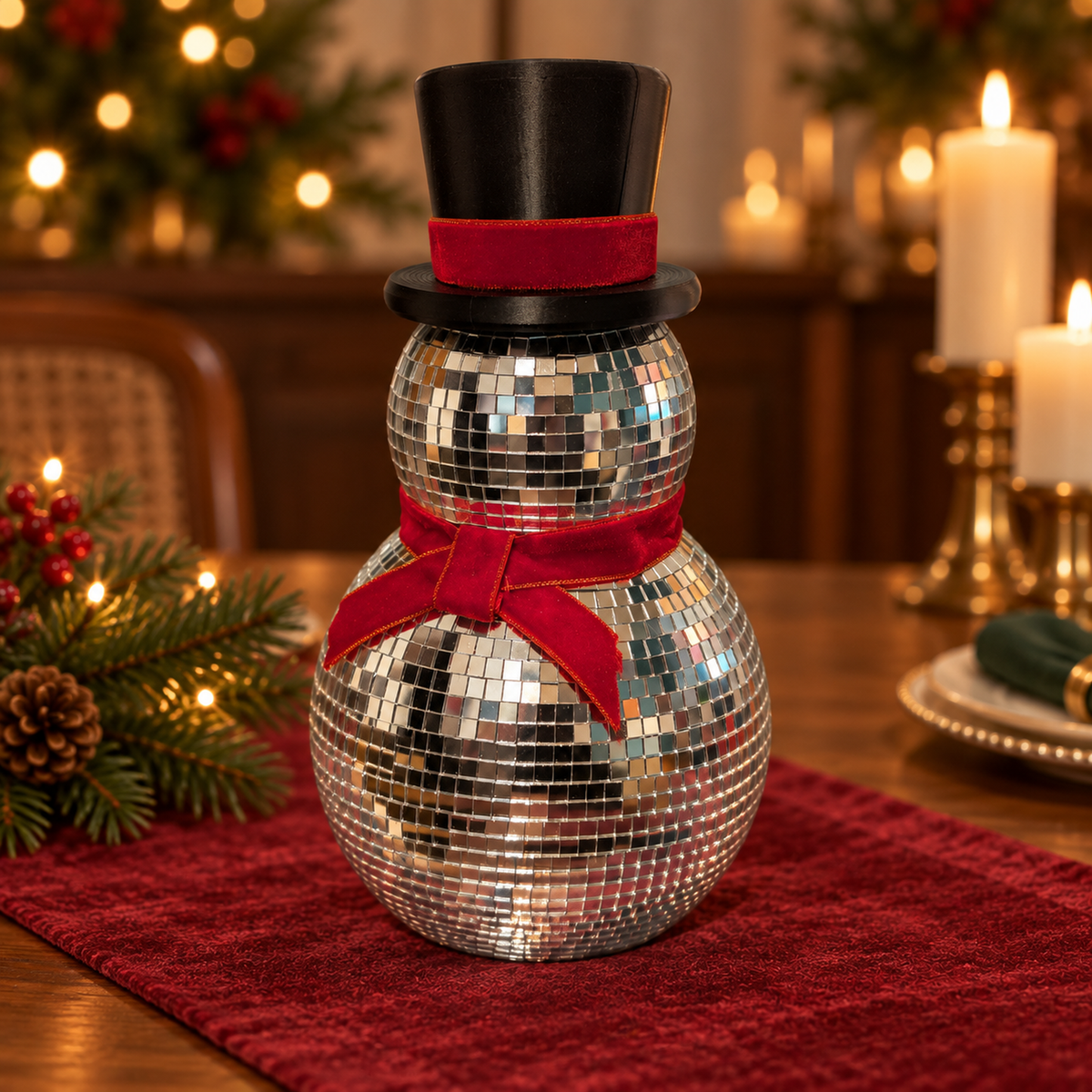 Front view of the freestanding mirror ball snowman