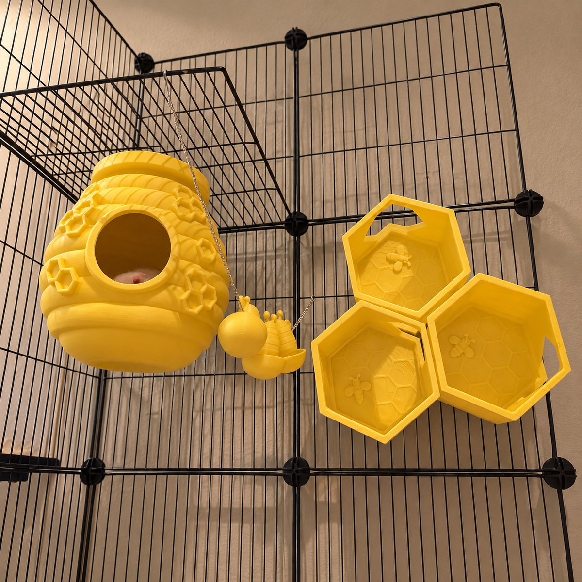 Low-angle view of the yellow hive hide, three honeycomb shelves and hanging bee cup string on black cage bars.