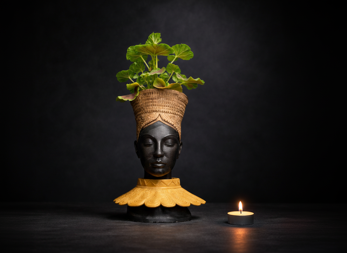 Nefertari Head Planter lifestyle shot - front on dark wood with tea light candle