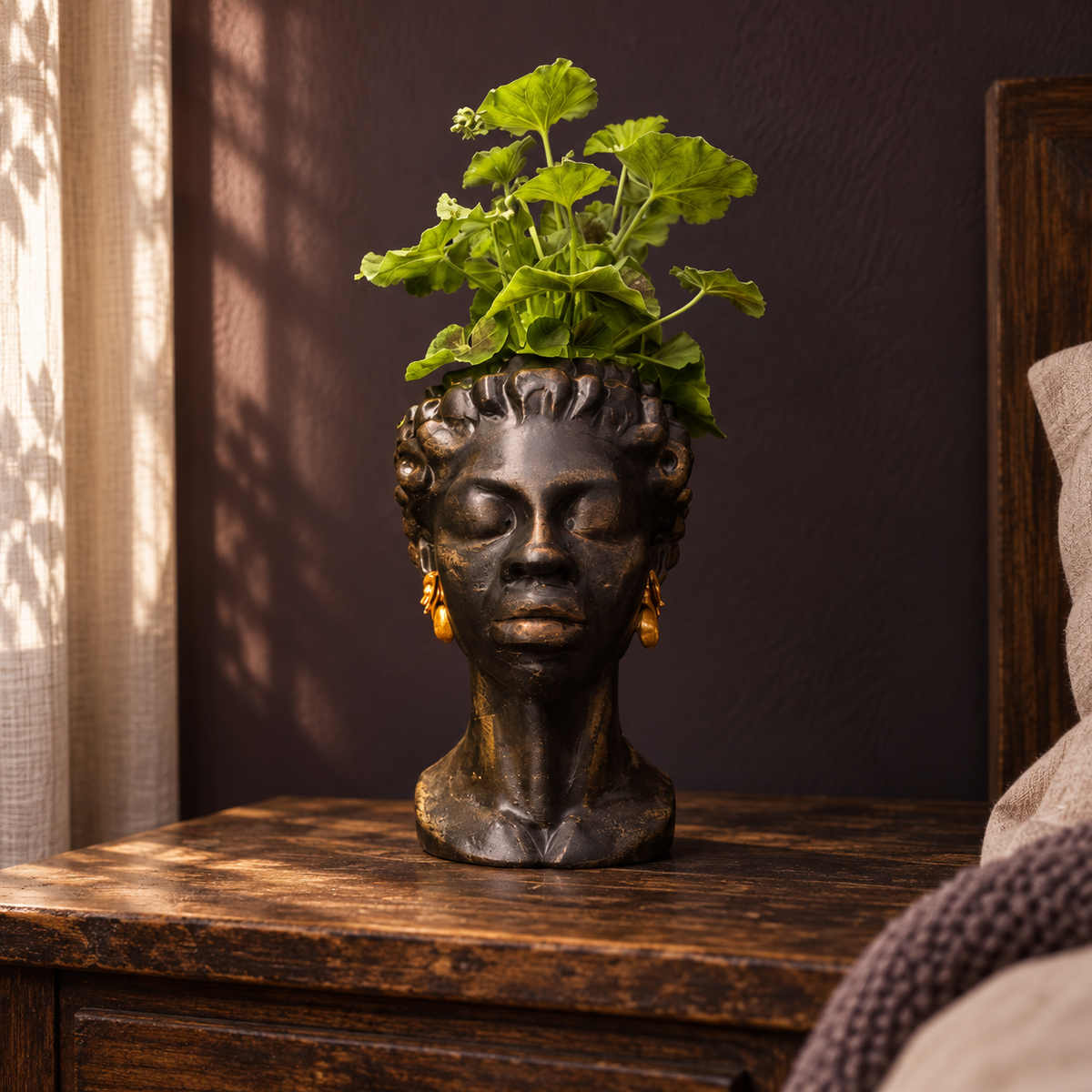 Woman head planter · gold earrings