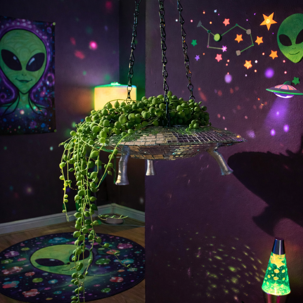 The Mothership disco mirror ball hanging planter - 03-alien-shelf
