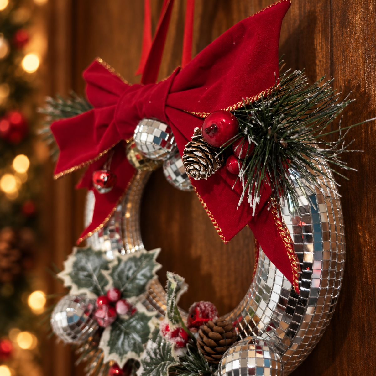 Mirror ball Christmas wreath: bow and foliage detail