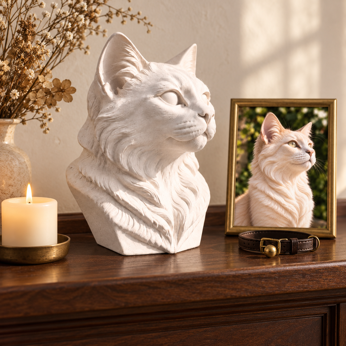Cat portrait urn beside its matching framed photo, candle and collar on walnut