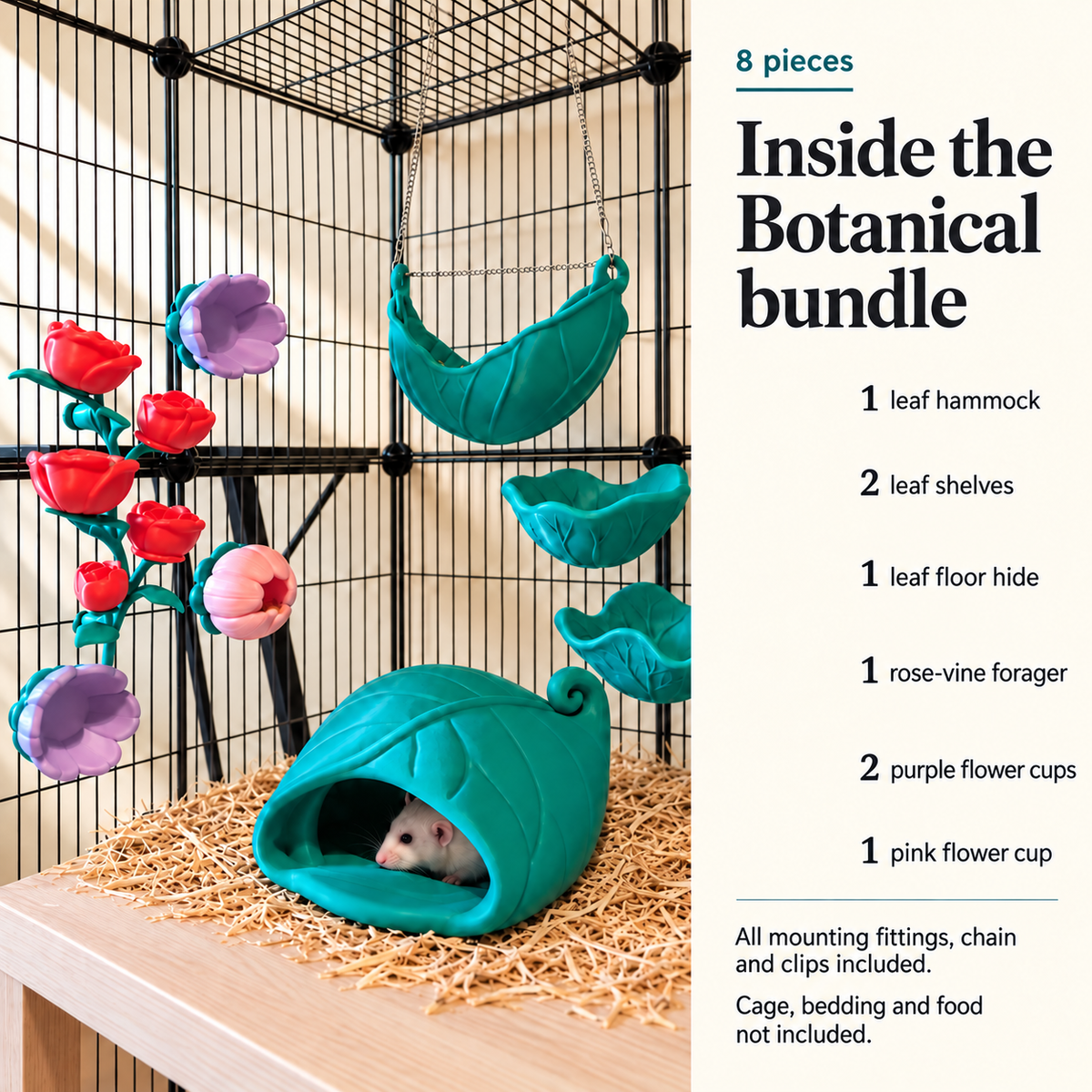Contents guide: one hammock, two shelves, one hide, one rose vine and three flower cups, with all fittings included.