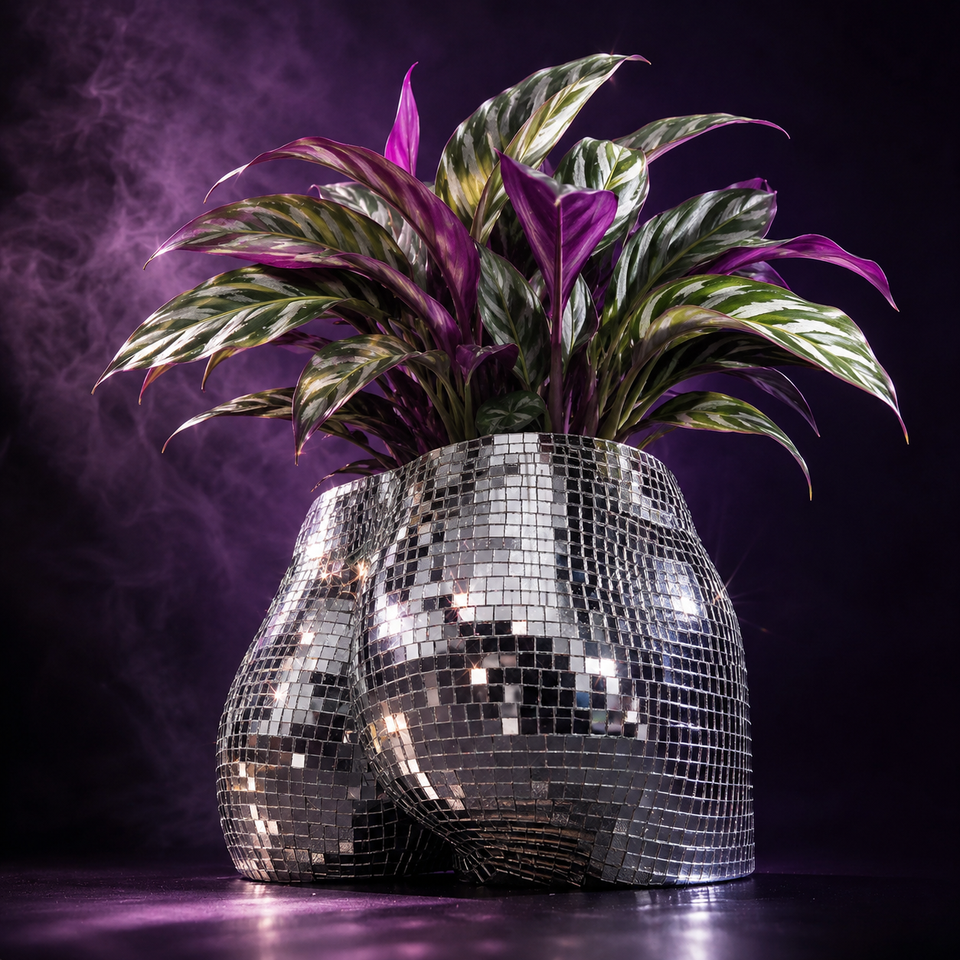 Female silver mirror tile body planter with purple and green houseplant