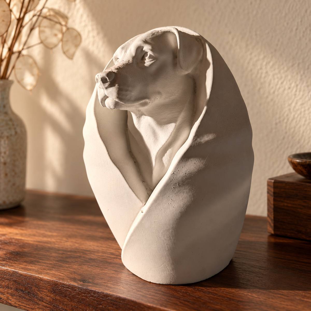 Three-quarter view of wrapped dog portrait urn
