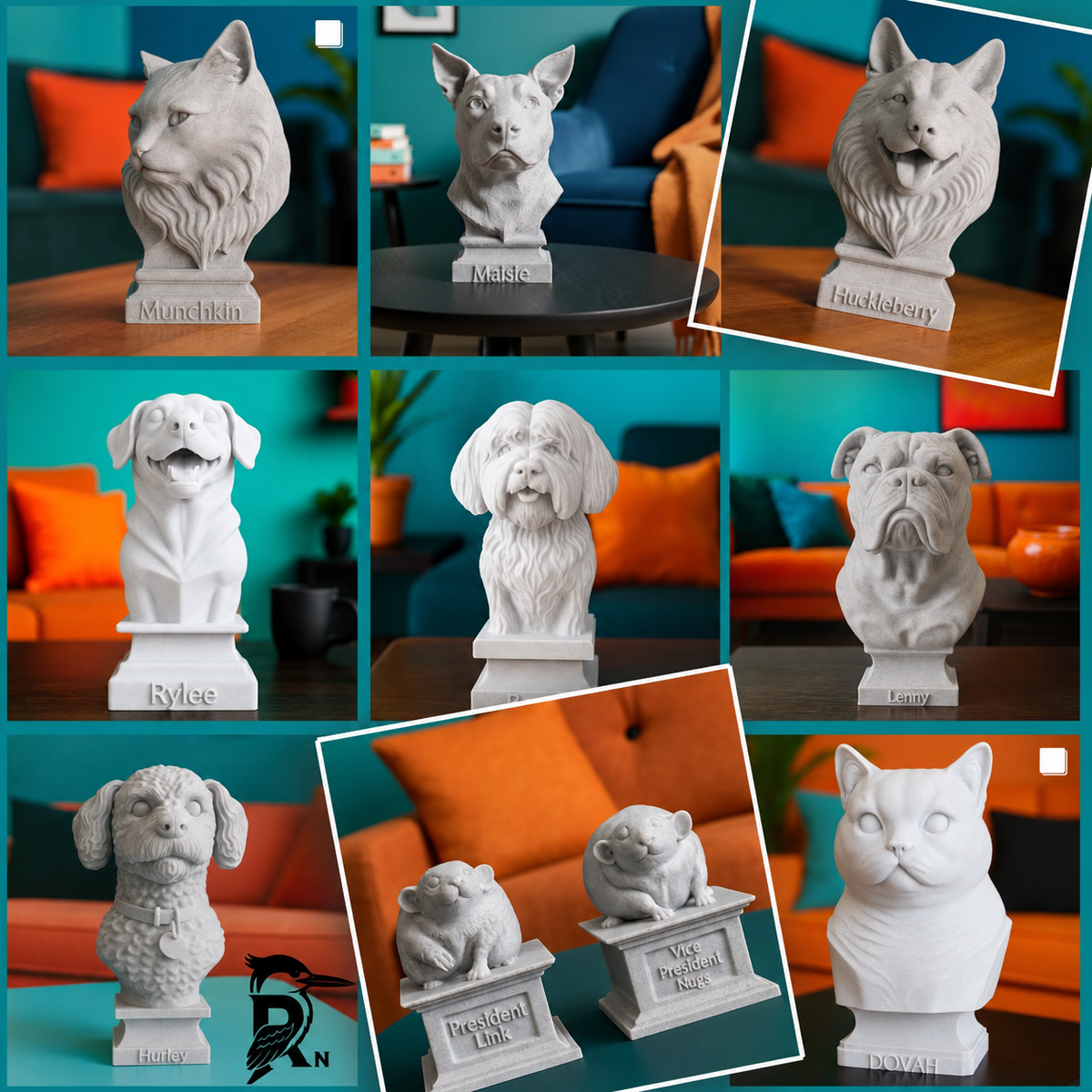 Custom pet bust examples in Warm Marble Grey and Pure White finishes