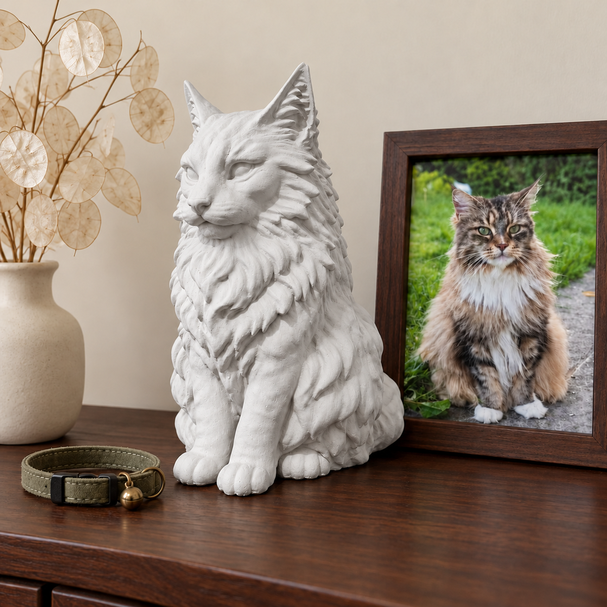 Chalk off-white personalised cat urn: fluffy cat memorial