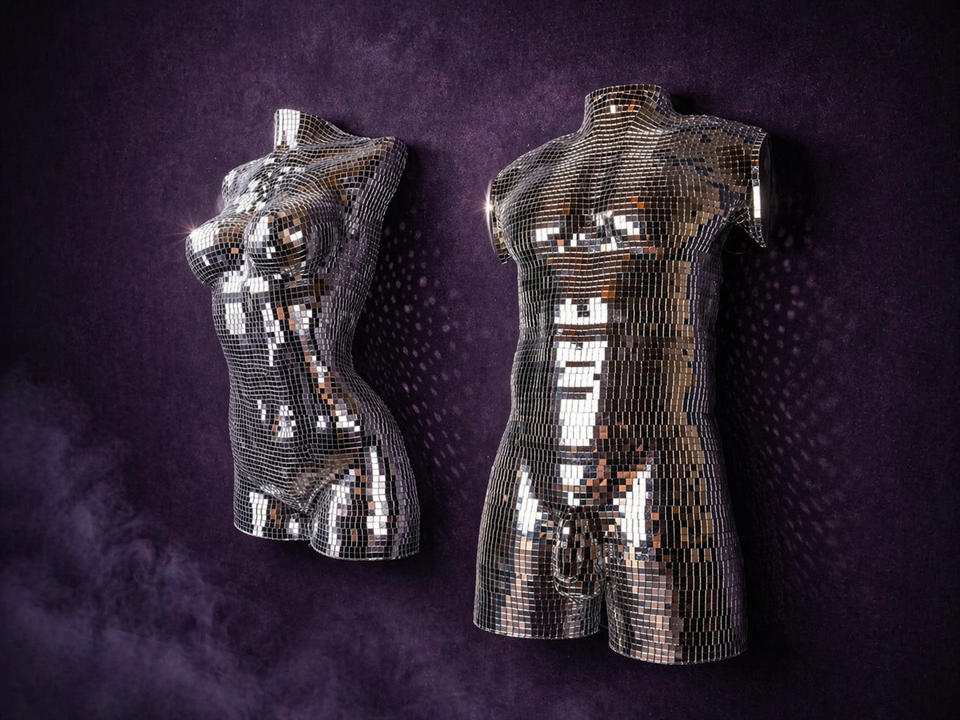 Midnight Icons mirror ball wall art duo on purple wall