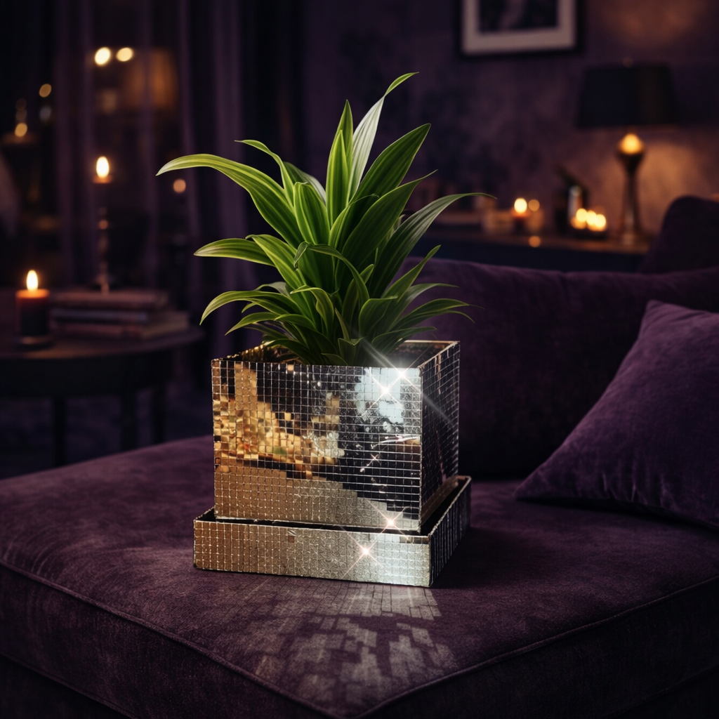 Mirror tile disco cube planter with plant on purple velvet setting