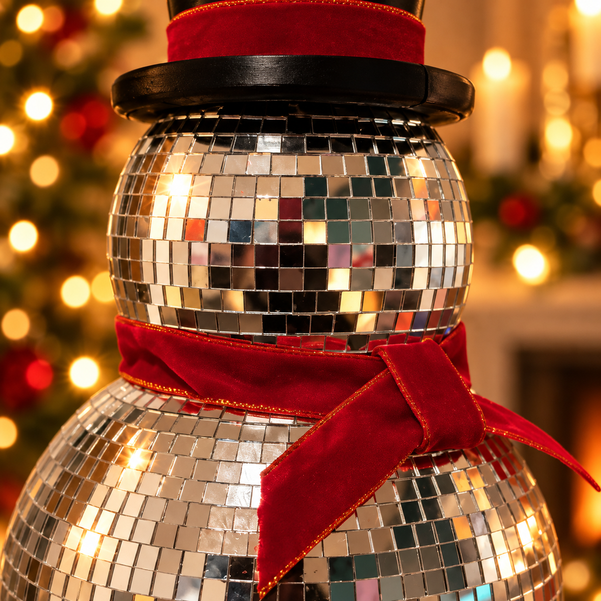 Close-up detail of hand-applied silver mirror tiles on snowman