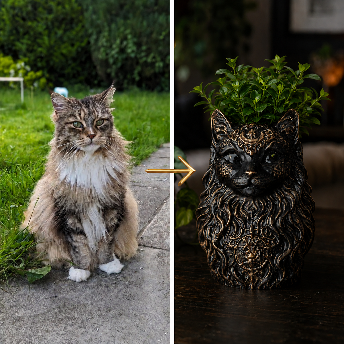 Photo to custom cat planter example showing pet photo transformed into cast stone plant pot