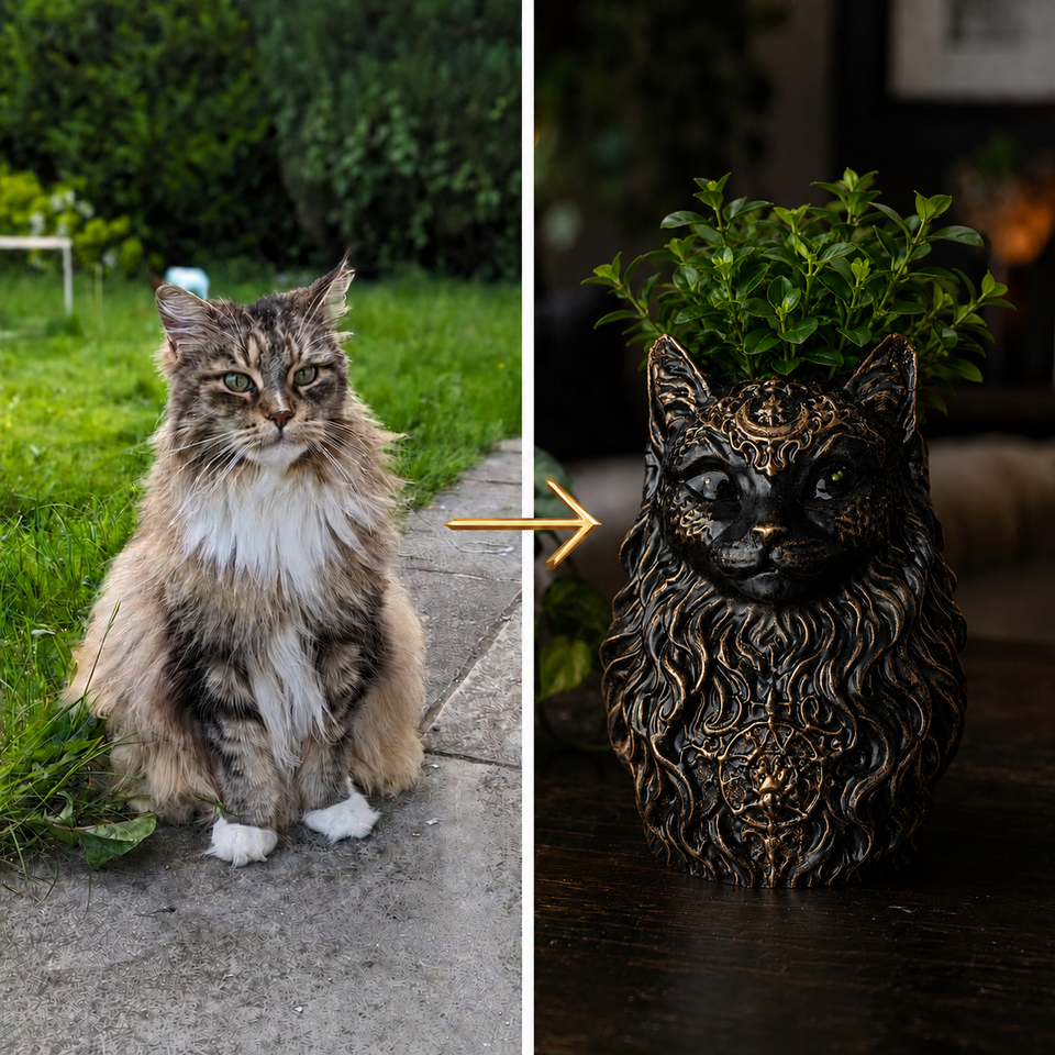 Photo to custom cat planter example showing pet photo transformed into cast stone plant pot