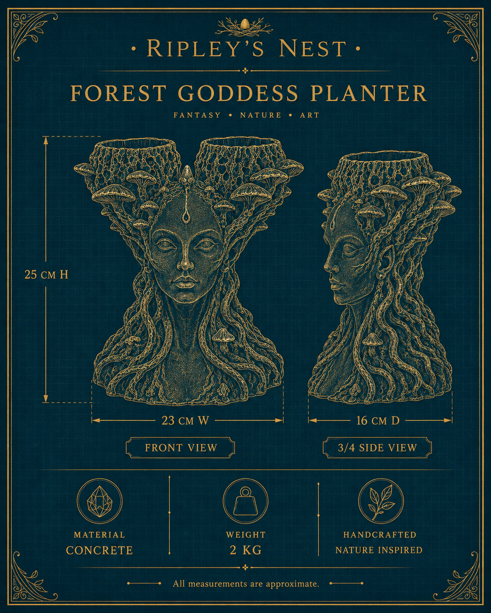 Mycelia planter dimensions card showing 25 cm height, 23 cm width, 16 cm depth and 2 kg weight