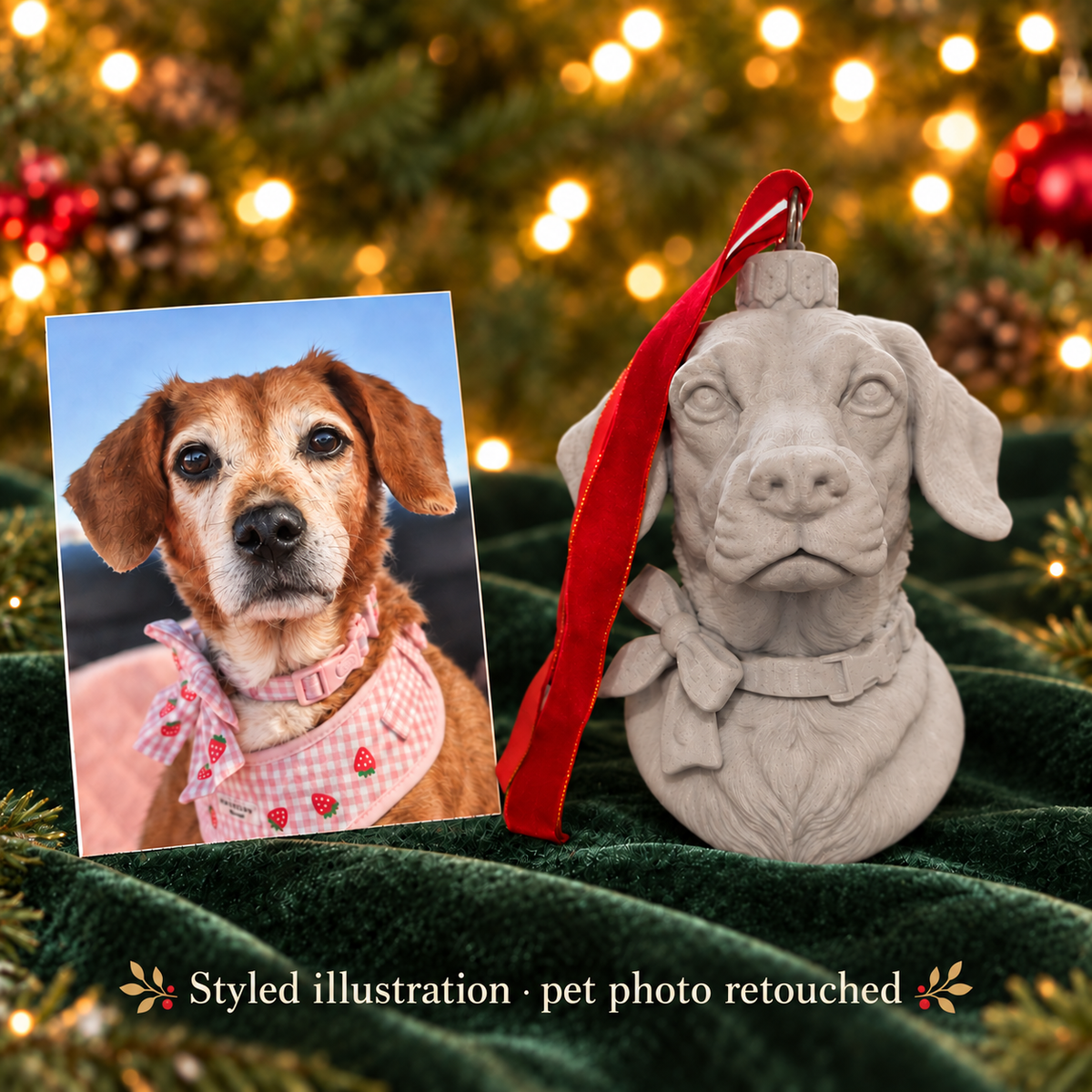 Styled illustration of a retouched pet photograph beside a grey Christmas portrait bauble