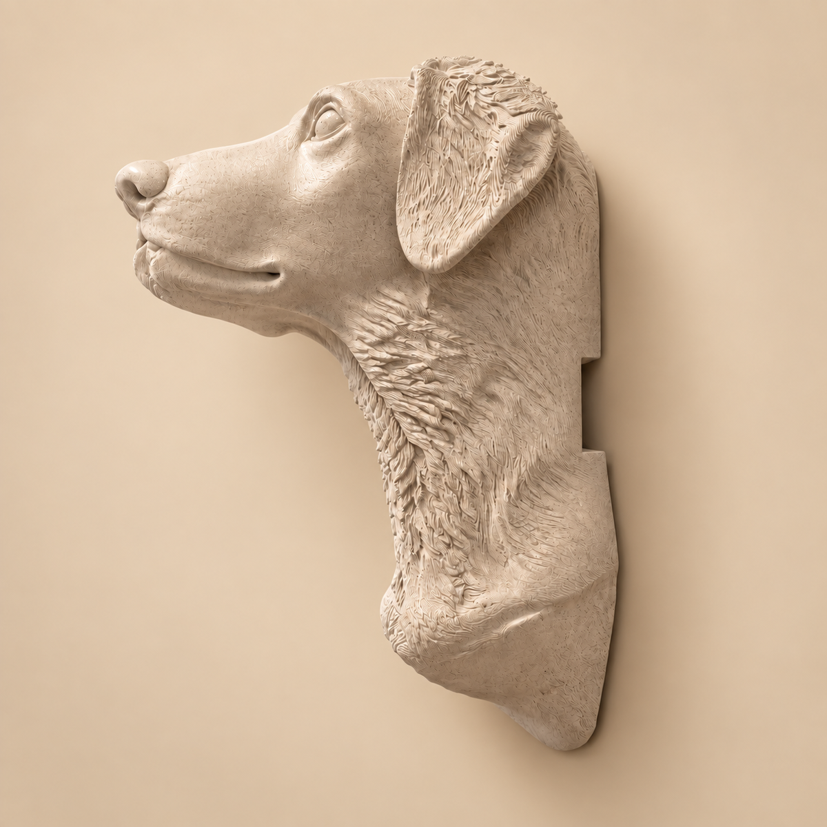 Side profile of the custom pet wall bust, without a collar
