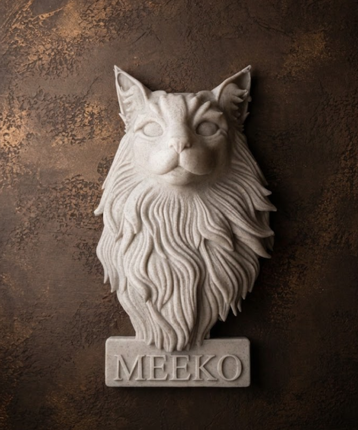Personalised cat memorial wall sculpture with name base on a cocoa backdrop