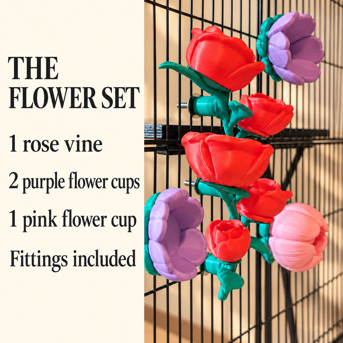 Diagram listing one rose vine, two purple flower cups, one pink flower cup and fittings