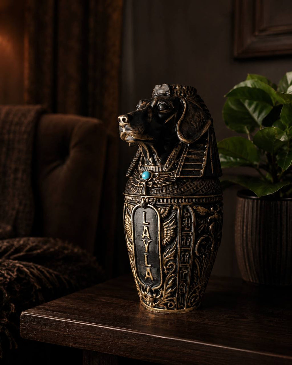 Personalised stone pet urn styled on a dark side table