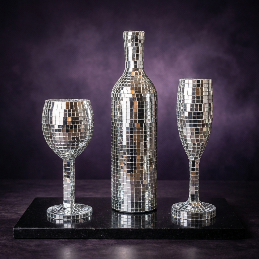 Silver mirror wine glass, wine bottle and champagne flute, front view