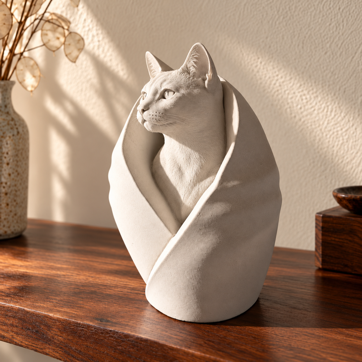 Chalk off-white wrapped cat urn on dark wood with dried lunaria