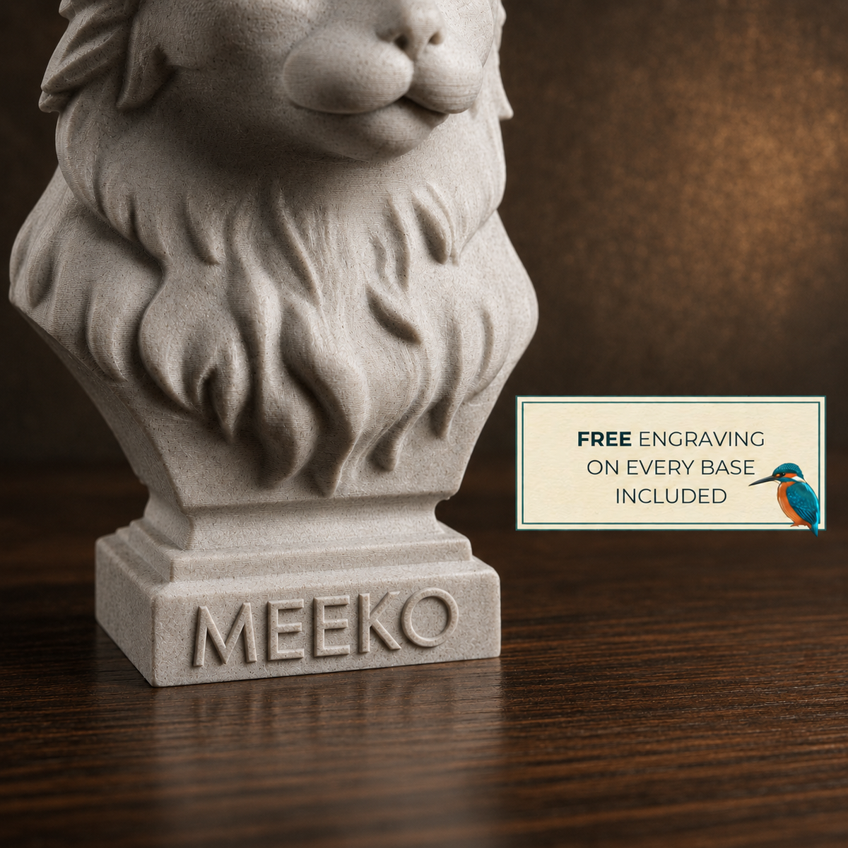 Free engraved base detail on Warm Marble Grey custom pet bust