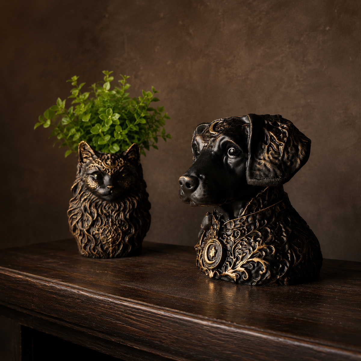 Custom dog and cat gothic plant pots styled on a wooden shelf