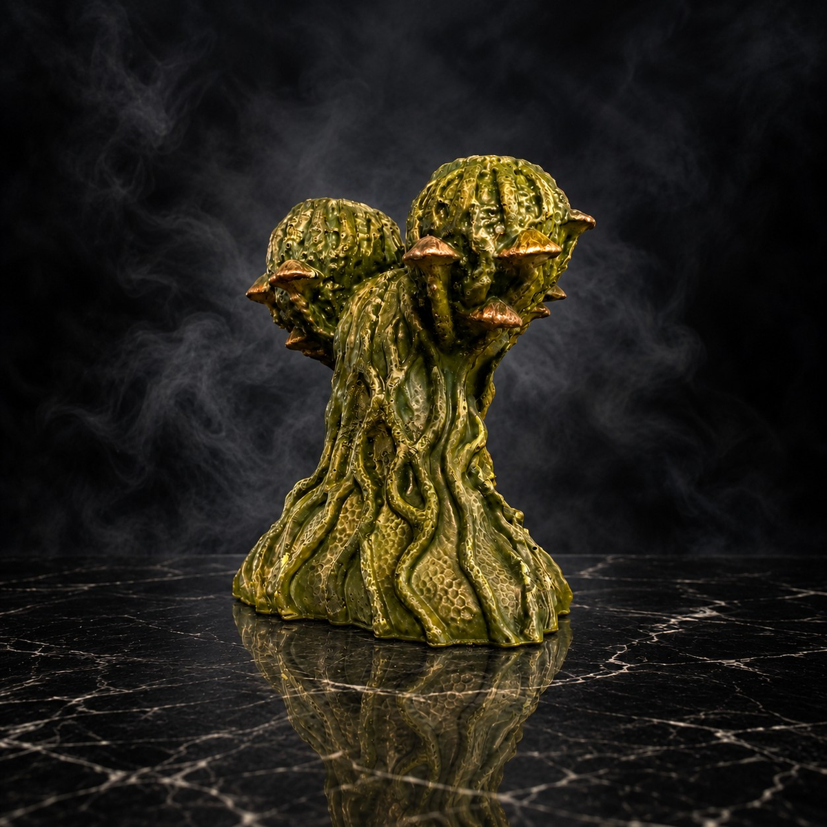 Back view of Mycelia cast stone mushroom head planter with root-like detail
