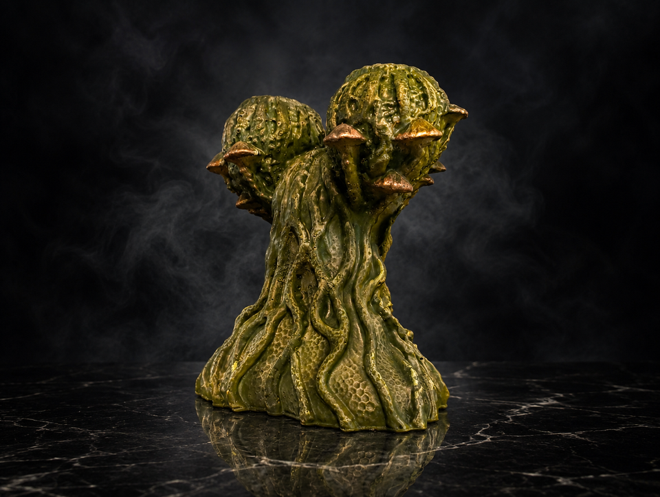 Back view of Mycelia cast stone mushroom head planter with root-like detail