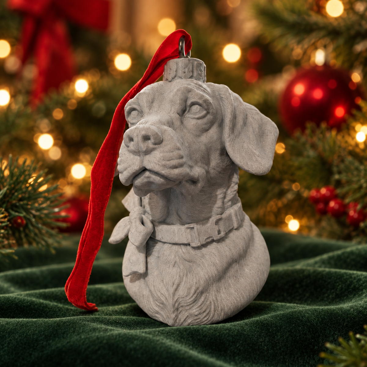 Christmas pet bauble: opposite three-quarter view showing the grey marble-effect PLA portrait, sculpted collar and ribbon
