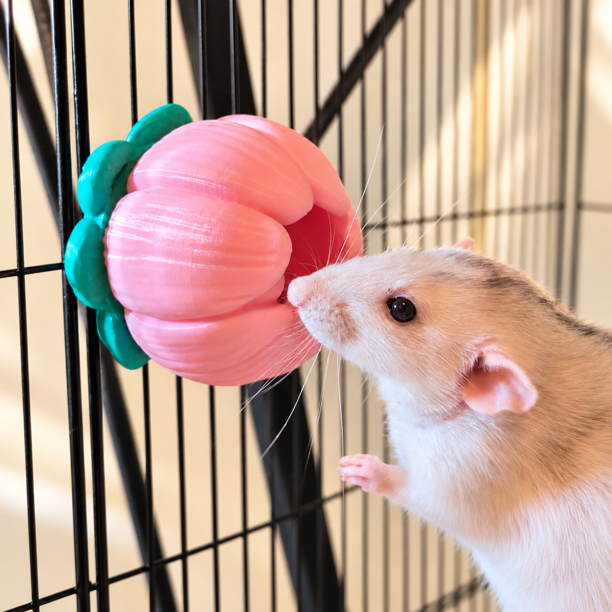 Cream rat investigating the pink flower forage cup on cage bars