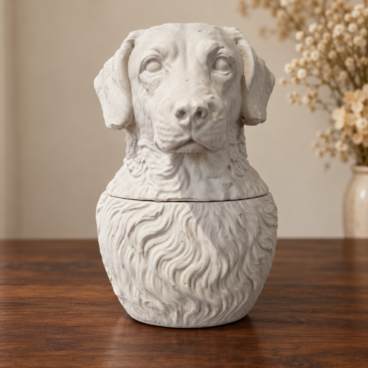 Front view of a chalk white dog urn without a collar, showing sculpted fur and the lid join.
