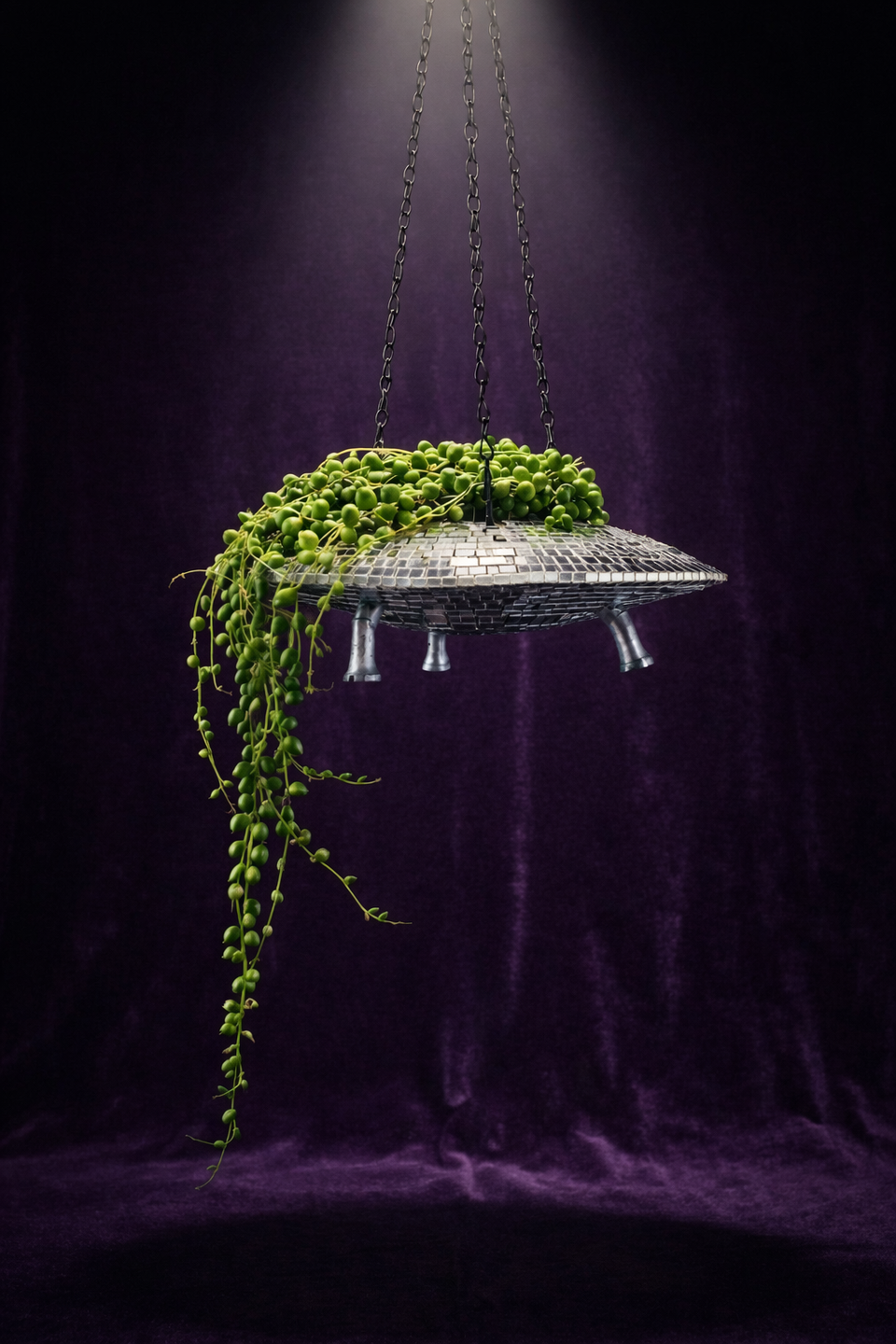 The Mothership disco mirror ball hanging planter - 04-spotlight-pearls