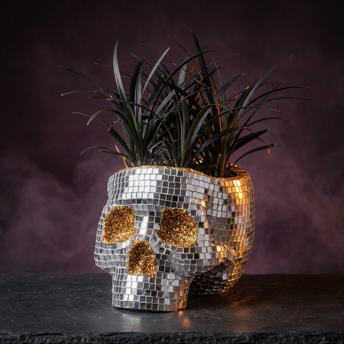 Disco skull planter filled with black mondo grass on a smoky purple backdrop