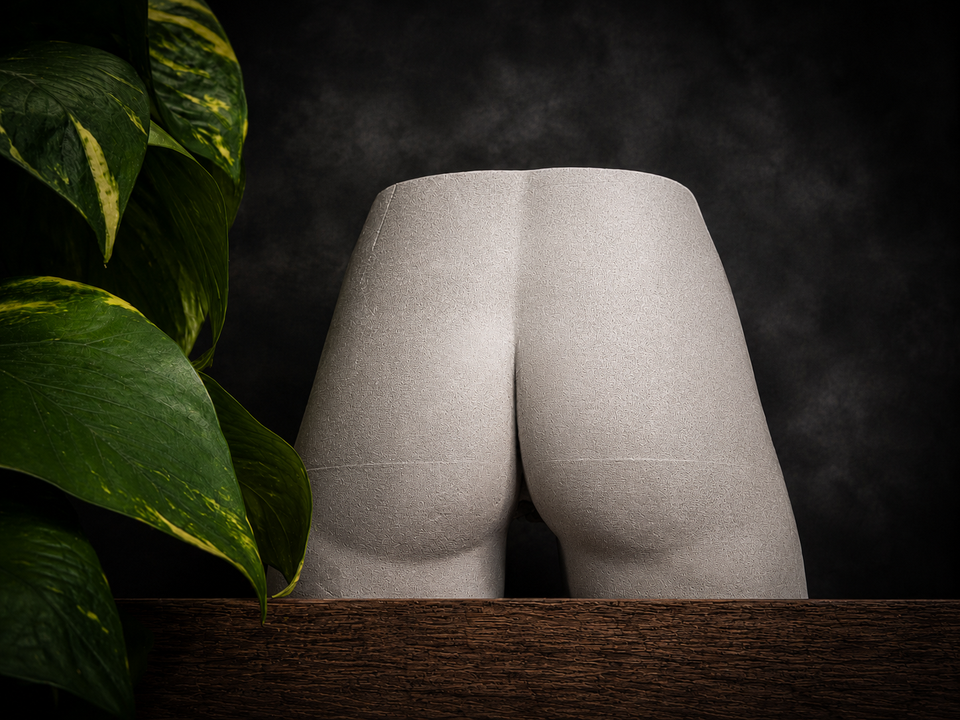 Cheeky Bum cast stone planter styled on dark shelf with green leaves