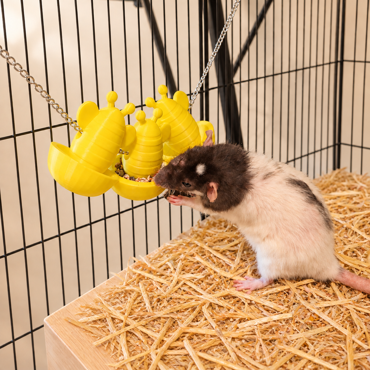 Black-and-white rat eating beside three yellow hanging bee forage cups on a clean, straw-covered platform.