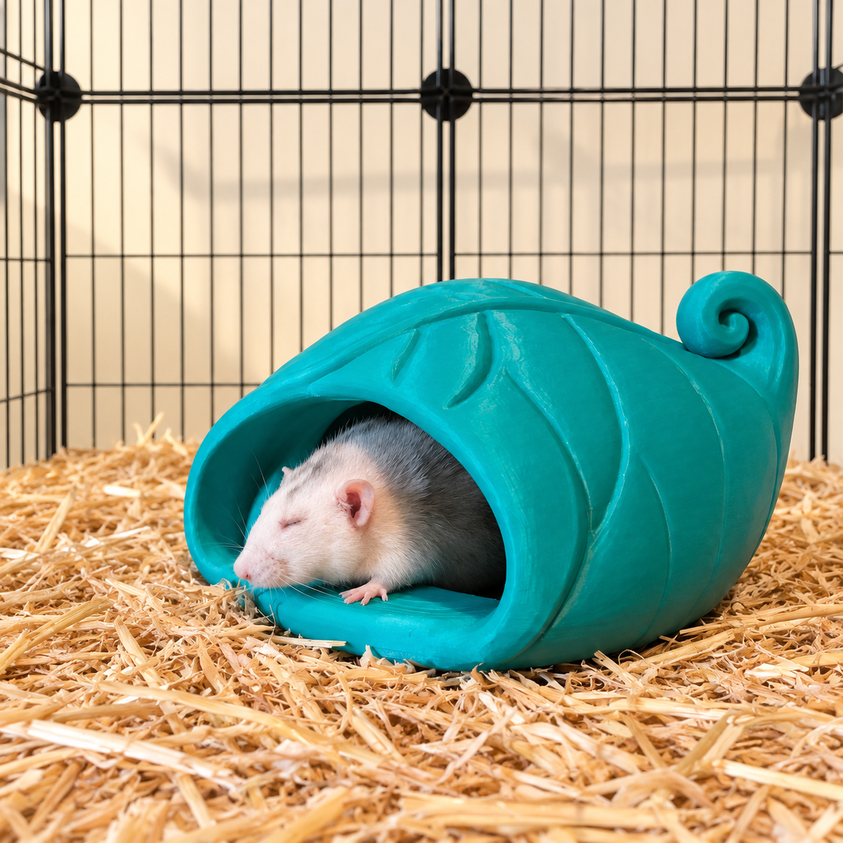 Pale rat resting in the opening of a curled teal-green leaf floor hide on clean hay.