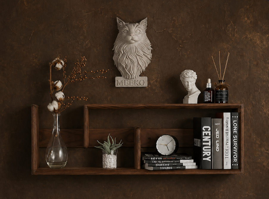 Cat memorial wall art displayed above a wooden shelf in a warm home interior