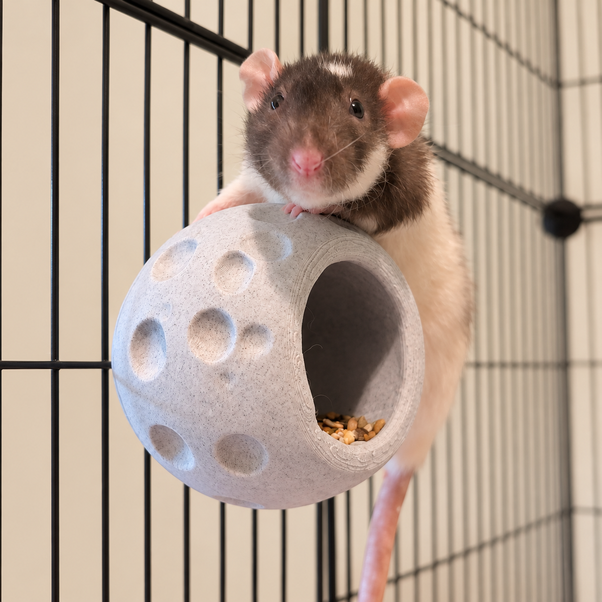 Real rat investigating a grey crater-textured moon forage cup