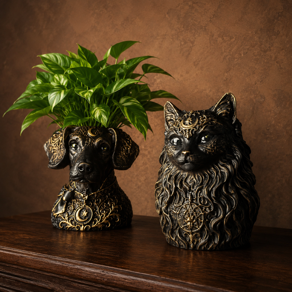 Moon Familiar dog and cat planters with gothic black and antique gold finish