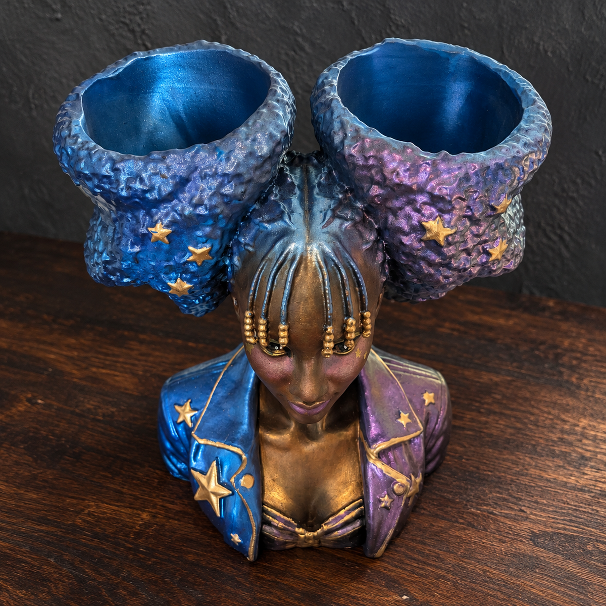 Star Afro Head Planter, both real planting cups.