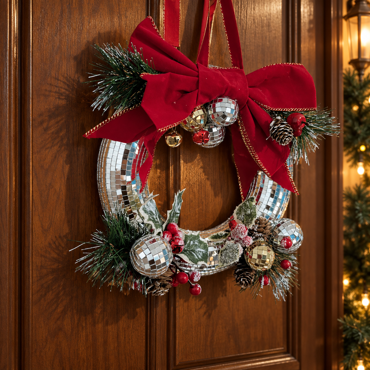 Mirror ball Christmas wreath: other-side view