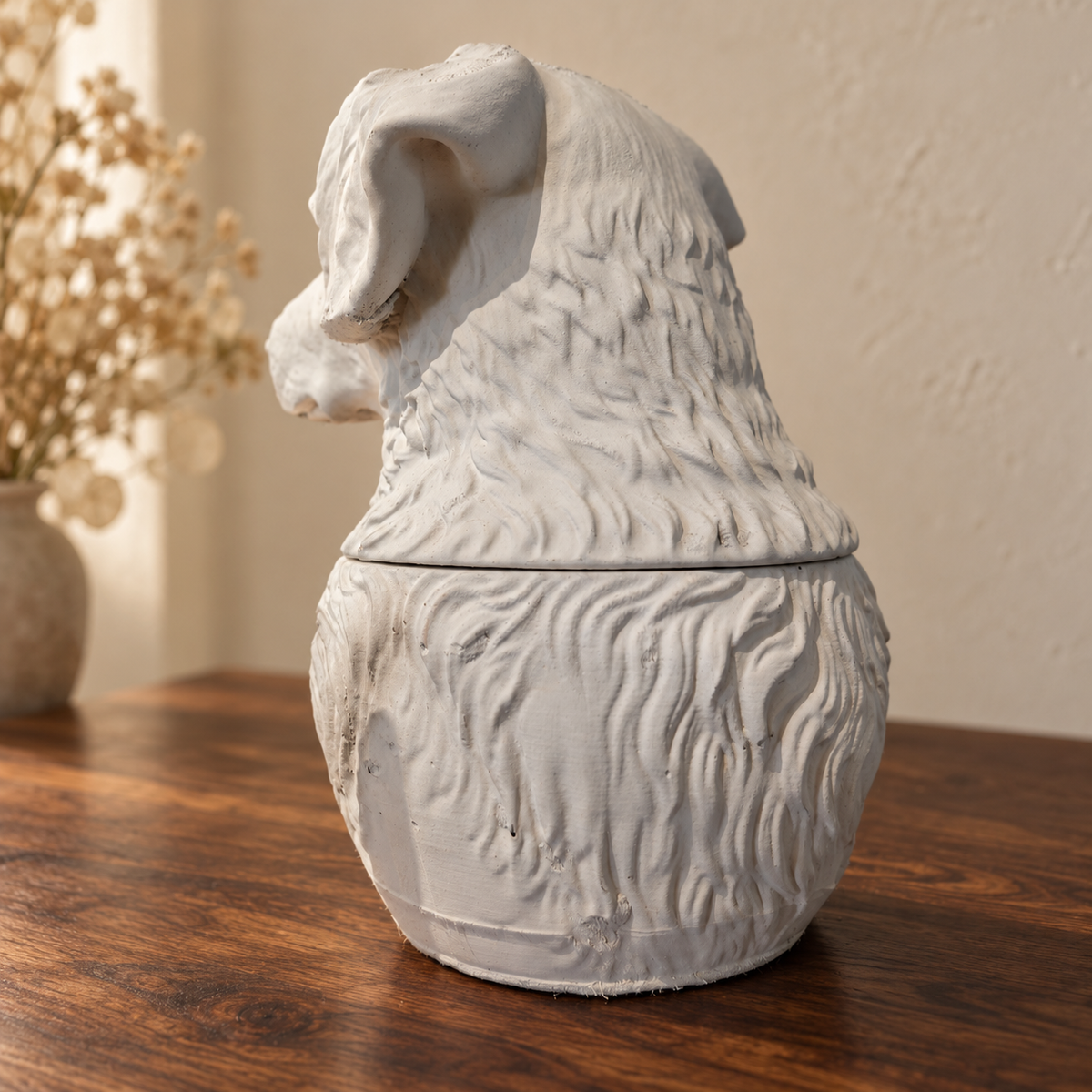 Rear three-quarter view of a white dog urn, showing the sculpted fur and lid seam.