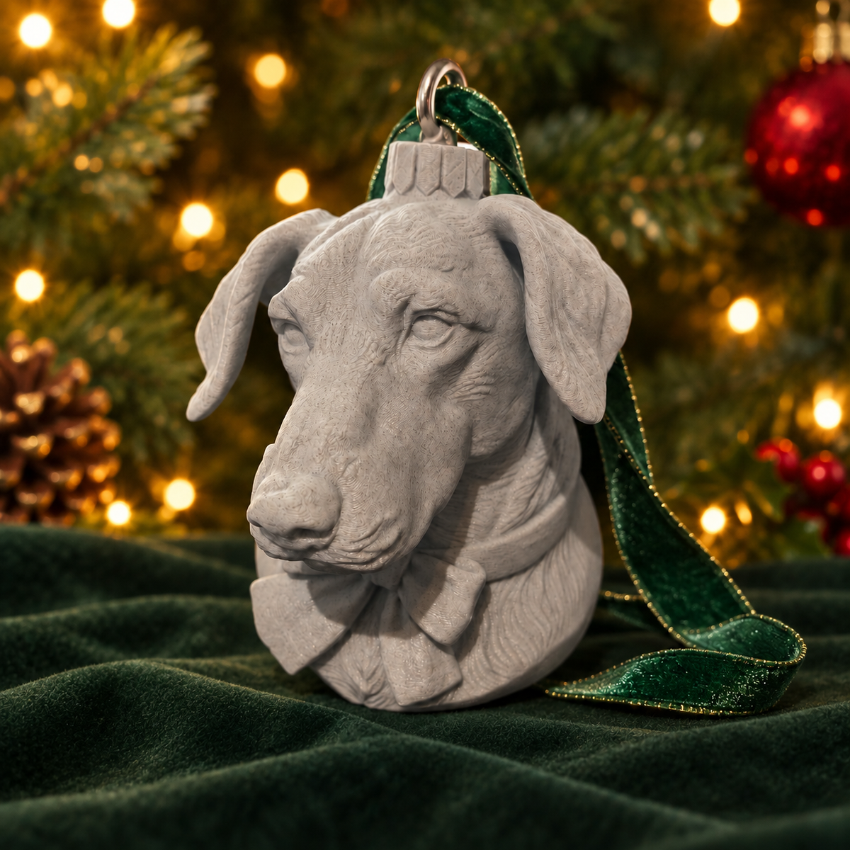 Christmas pet bauble: a second personalised dog portrait example with sculpted bow tie and green hanging ribbon