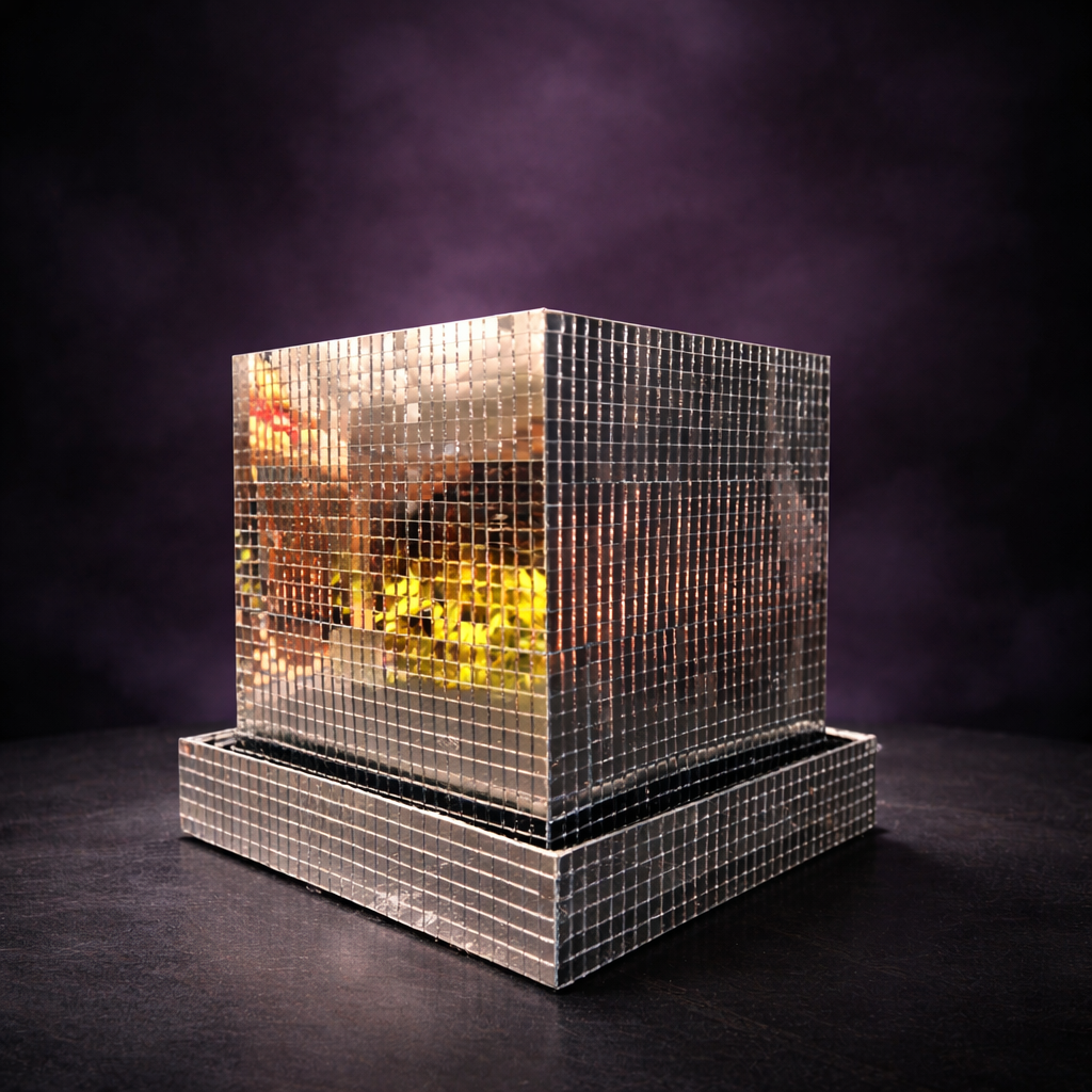 Mirror tile disco cube planter on dark slate with purple background